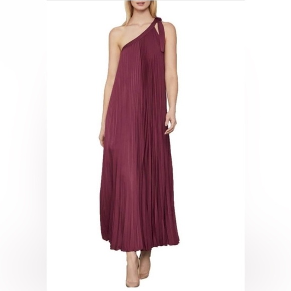 BCBG MaxAzria  Pleated One Shoulder Maxi Dress Size XXS Burgundy Gown - Picture 4 of 6